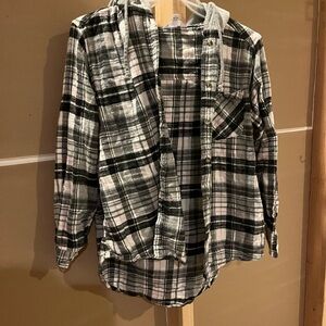 Time and Tru Gray, Black and pink Plaid Shirt with Hood